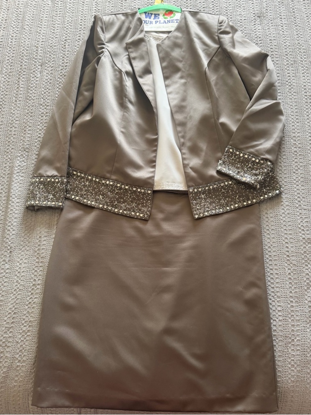 Ambiance Taupe Satin Skirt and Embellished Jacket Set